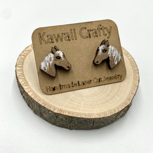 Horse Stud Earrings, Laser Cut Hand Painted Walnut Wood, Farm Animal Jewelry, Mothers Day, Spring Gift, Handmade Birthday Present for Her