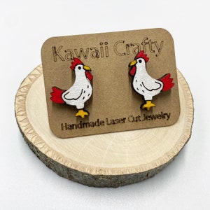Hand Painted Chicken Stud Earrings, Laser Cut Wood, Farm Animal Jewelry