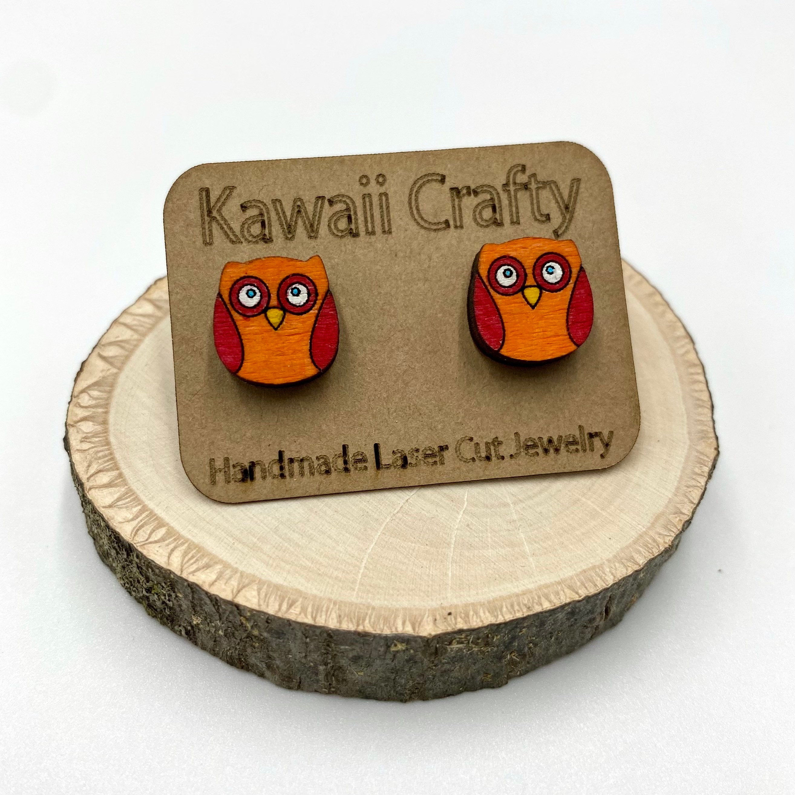 Hand Painted Owl Stud Earrings, Laser Cut Wood Jewelry