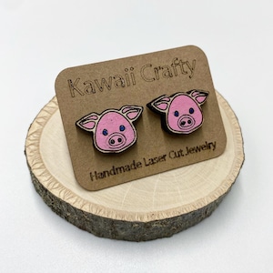Brincos de porco rosa, madeira pintada à mão cortada a laser, joias de animais de fazenda, presente de cesta de primavera de páscoa, seu presente de aniversário feito à mão