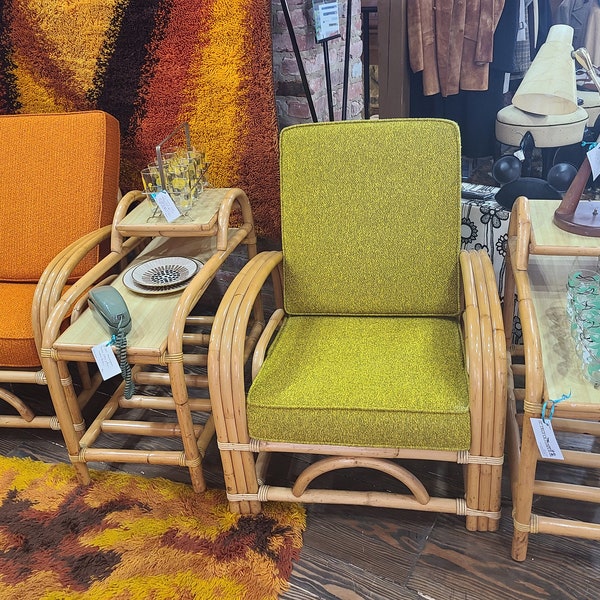 Mid Century Paul Frankl Style 4 Piece Rattan Chair and Side Table Set, ca 1950s
