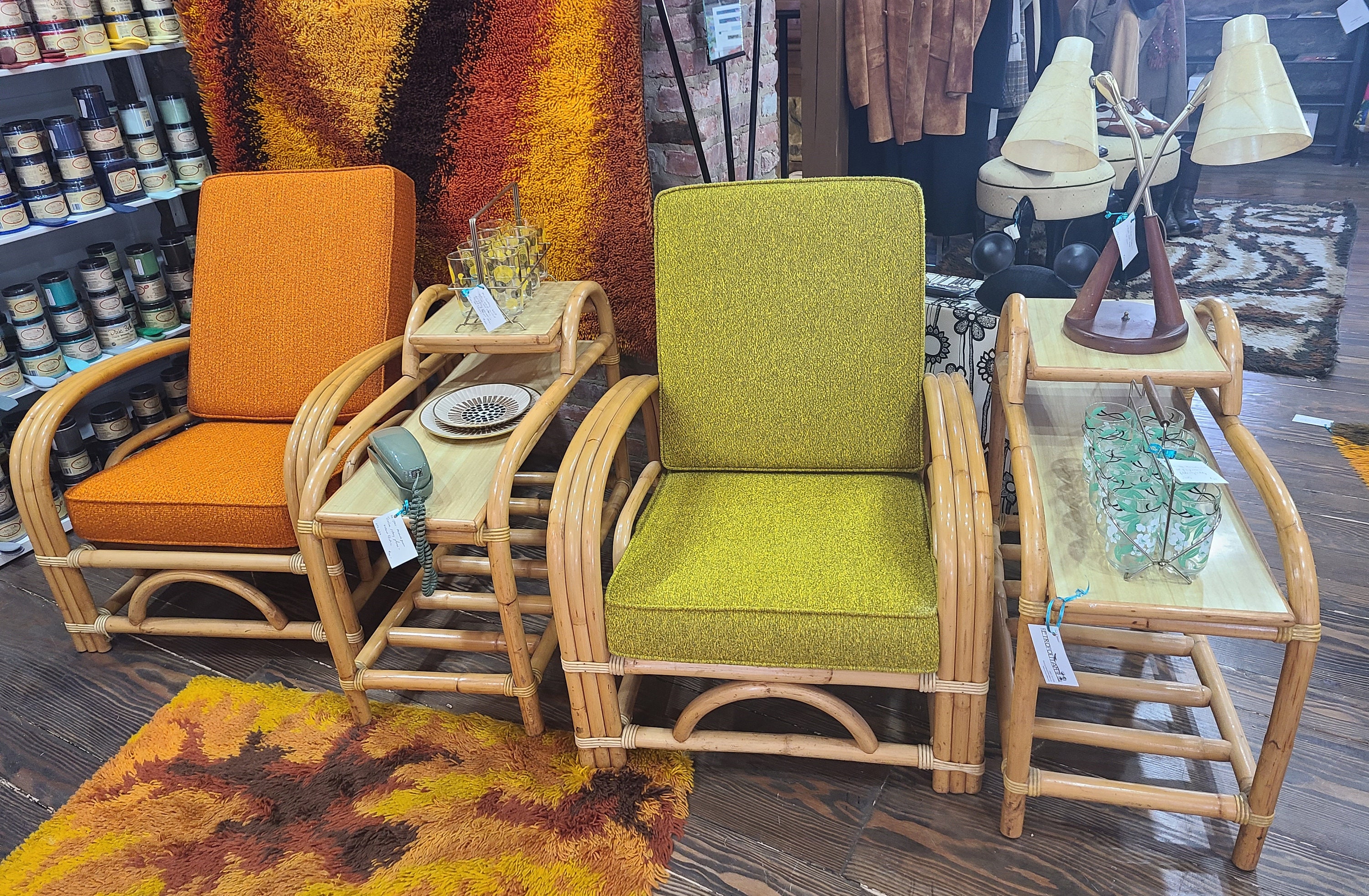 Mid Century Paul Frankl Style 4 Piece Rattan Chair and Side Table
