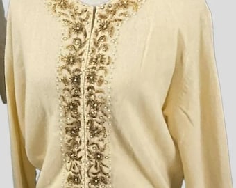 Vintage Creamy Lambswool, Angora and Nylon Cardigan Sweater, Intricate Gold and Black Beading and Faux Pearls, Richards, Hong Kong, ca 1960s