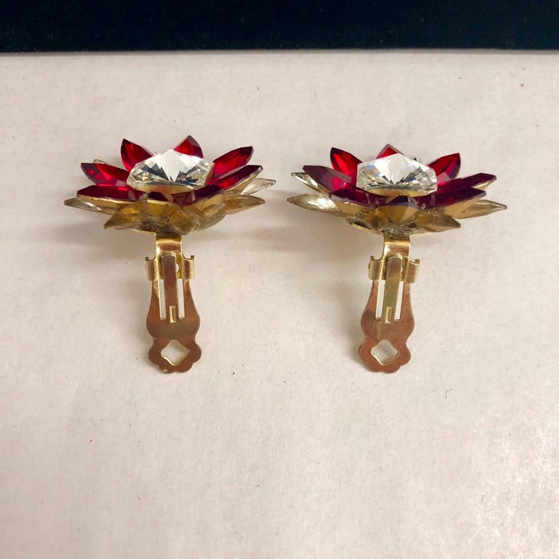 Large Vintage Clear Crystal Red Crystal and Brass Clip On Earrings ca 1950s