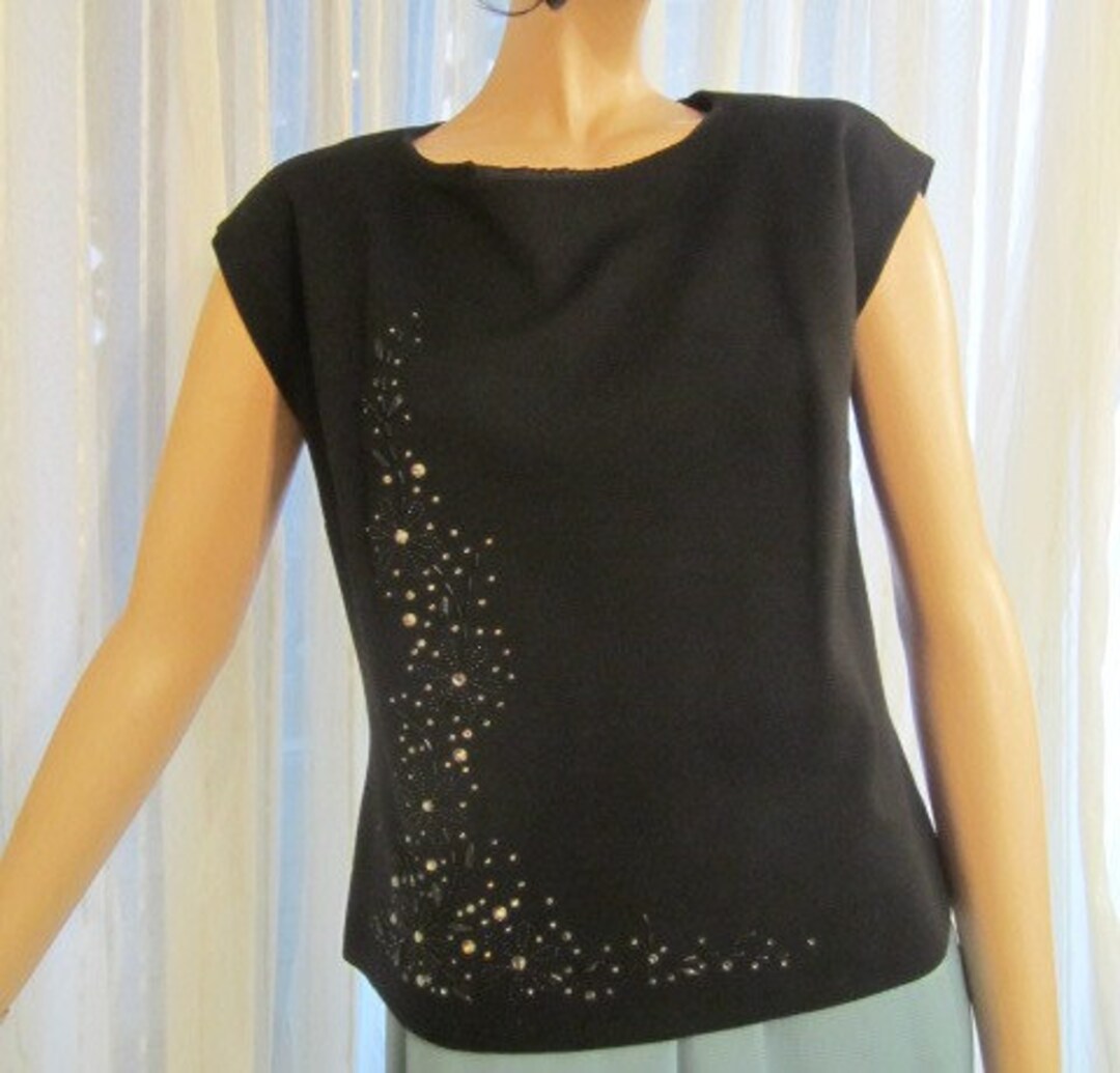 Black Wool Knit, Zipper Back Top With Beading and Rhinestone Detail ...