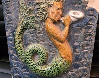 Vintage 1940s Pottery Plaque Merman with Horn