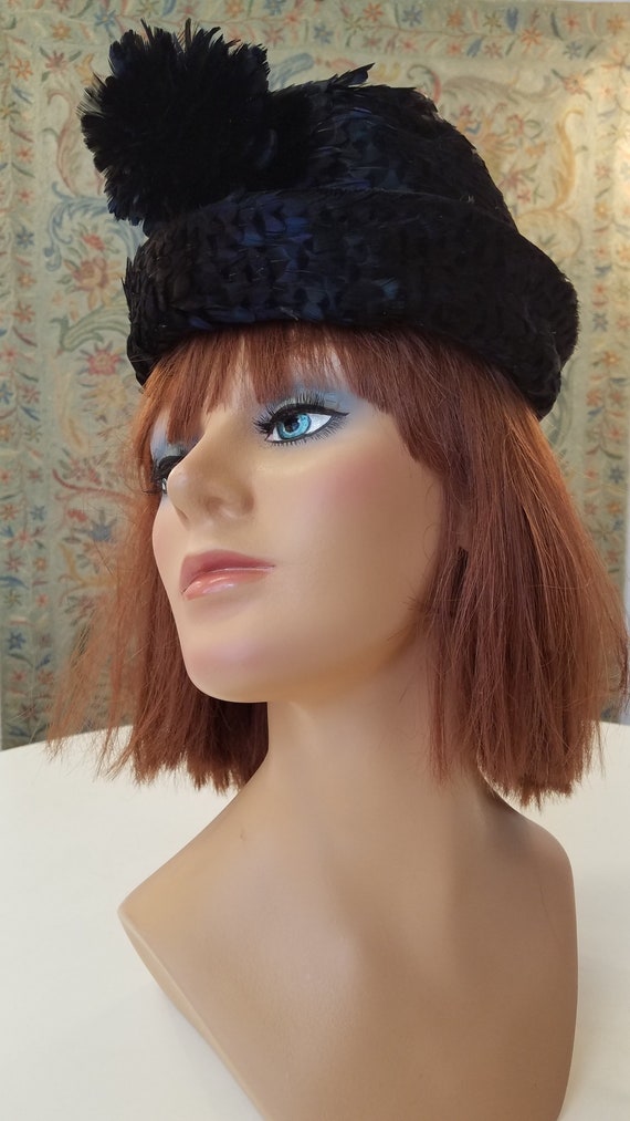Jack McConnell Flair 50\'s Vintage Coque Iridescent Feather Curved Tilt Hat 1950s Jack McConnell Peacock Feather Rhinestone Hat - MRS  main image 4