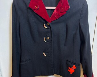 1950s Vintage Far Out and Funky Black Light Wool Blazer Jacket with Red Velvet Collar and Cuffs