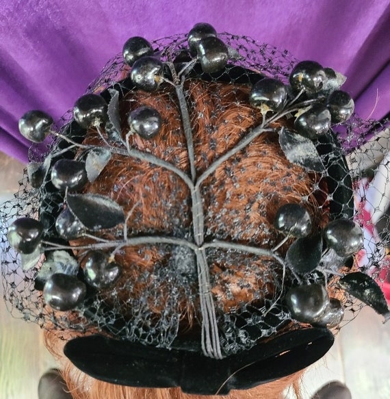 Black Velvet Netted Headpiece with Black Berries,… - image 4