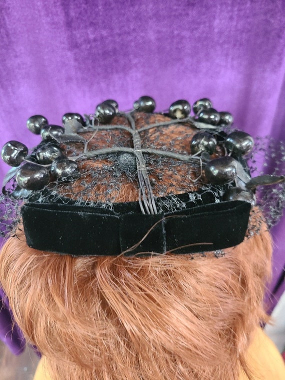 Black Velvet Netted Headpiece with Black Berries,… - image 3