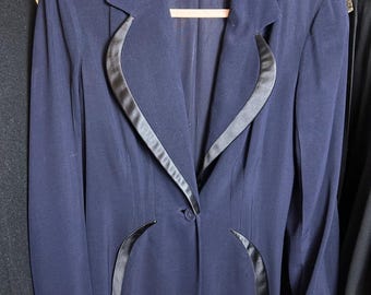1960s Vintage Navy Blue Fine Wool Blazer Jacket with Black Satin Trim, Forstmann