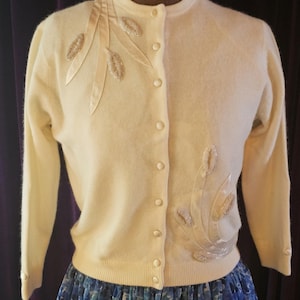 1950s Vintage Winter White Lambswool and Angora Beaded Cardigan Sweater, Embe