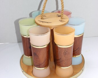 1960s Vintage Mid Century Modern Siesta Ware Tiki Set / 6 Drinking Glasses in Round Wooden Caddy