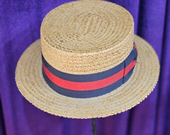 1970s Vintage Natural Woven Straw Boater Hat, Size 7 1/2 , Ponte Rialto, Italy