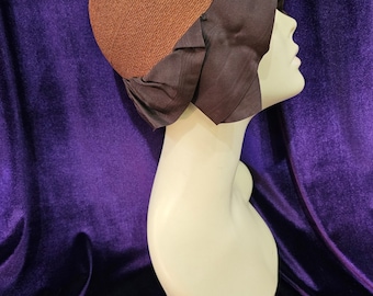 1920s Cocoa Straw Cloche Hat with Silk Detail, Flapper Era