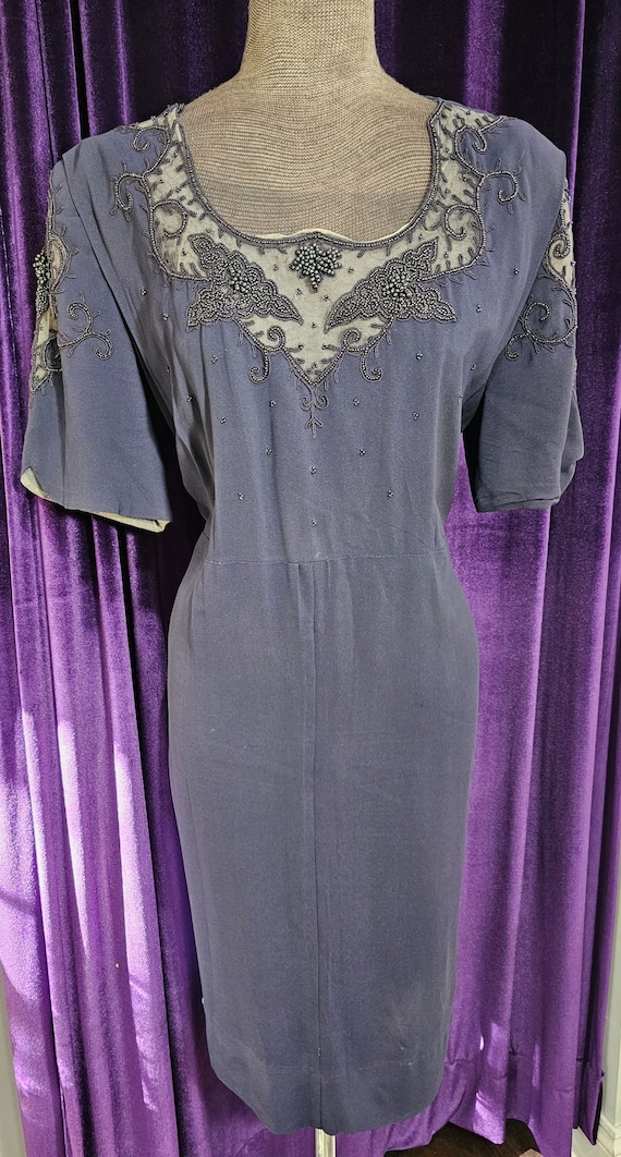 1930s-1940s Vintage Midnight Blue Crepe Dress with