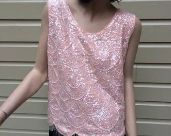 Vintage Flapper Style Pink Wool Intricately Beaded and Sequinned Top, ca 1950s