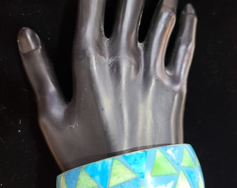 Vintage Blue and Green Enamel over Brass Bangle Bracelet, ca 1960s