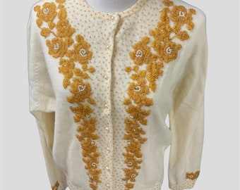 Vintage Creamy Lambswool, Angora and Nylon Cardigan Sweater with Gold and Bronze Beading, Faux Pearl Detail, Maryo Co, Hong Kong, ca 1960s