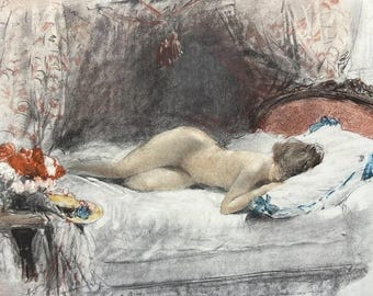 Early 1900s Pencil Signed Lithograph, Femme Nue Endormie, Antoine Calbet