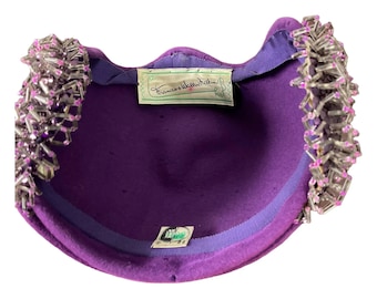 Vintage Purple Velvet Widow's Peak Hat with Clear and Pink Bugle Bead Detail, Frances and Walter Nelkin, ca 1950s