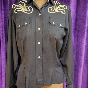 1960s Vintage Heavy Black Cotton Long Sleeve Western Shirt with Rhinestone and Other Detail, H Bar C Ranchwear