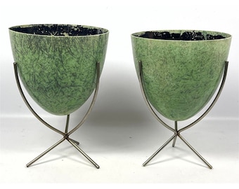 1950s Vintage Kimball Attributed, Pair of Small Green Fiberglass Bullet Planters