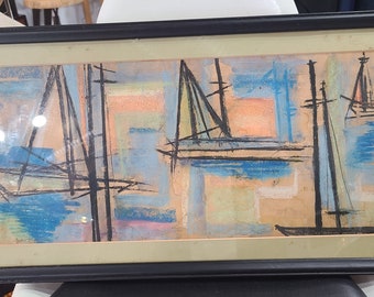 Mid Century Modern Era, Framed & Matted Watercolor, Sailboats on the Bay, Signed Argen Thomas, ca 1960s