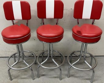 1950s Vintage Set / 3 Red and White Vinyl and Chrome Diner Bar Stools, Krometal