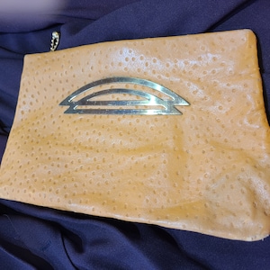 Vintage Ochre Ostrich Embossed Leather Clutch Purse, ca 1930s