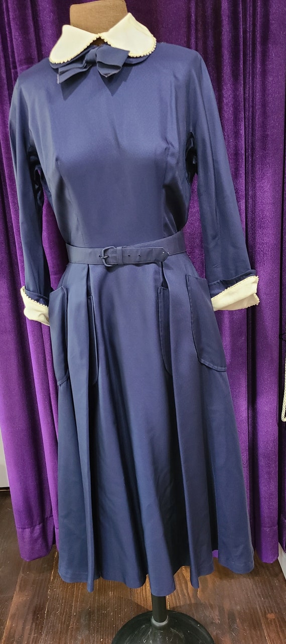 Late 1940s Navy Blue Rayon Taffeta Belted Dress w… - image 1