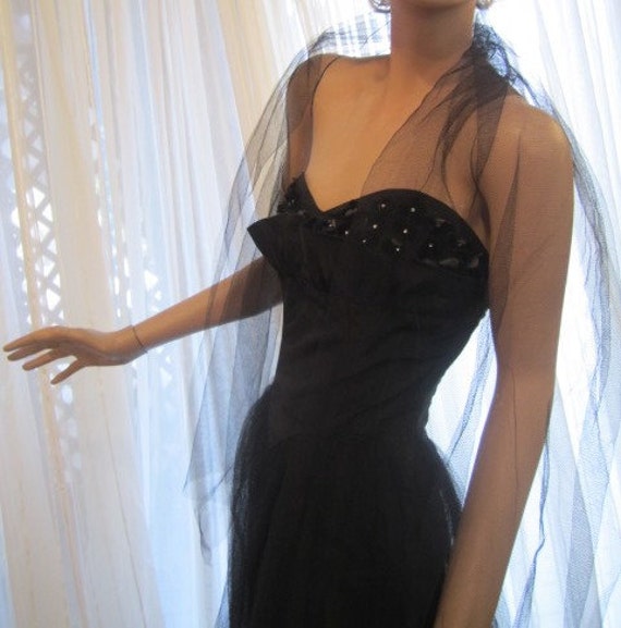 Vintage Jet Black Strapless Tulle over Satin Gown… - image 3