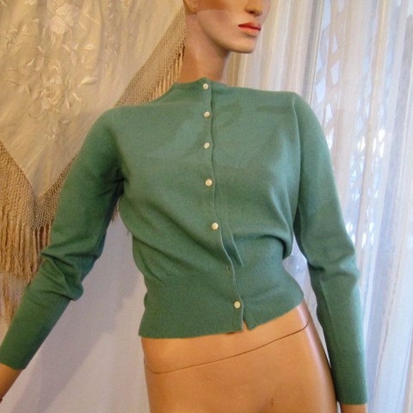Vintage Green Cashmere Cardigan Sweater, Pringle of Scotland, ca 1950s