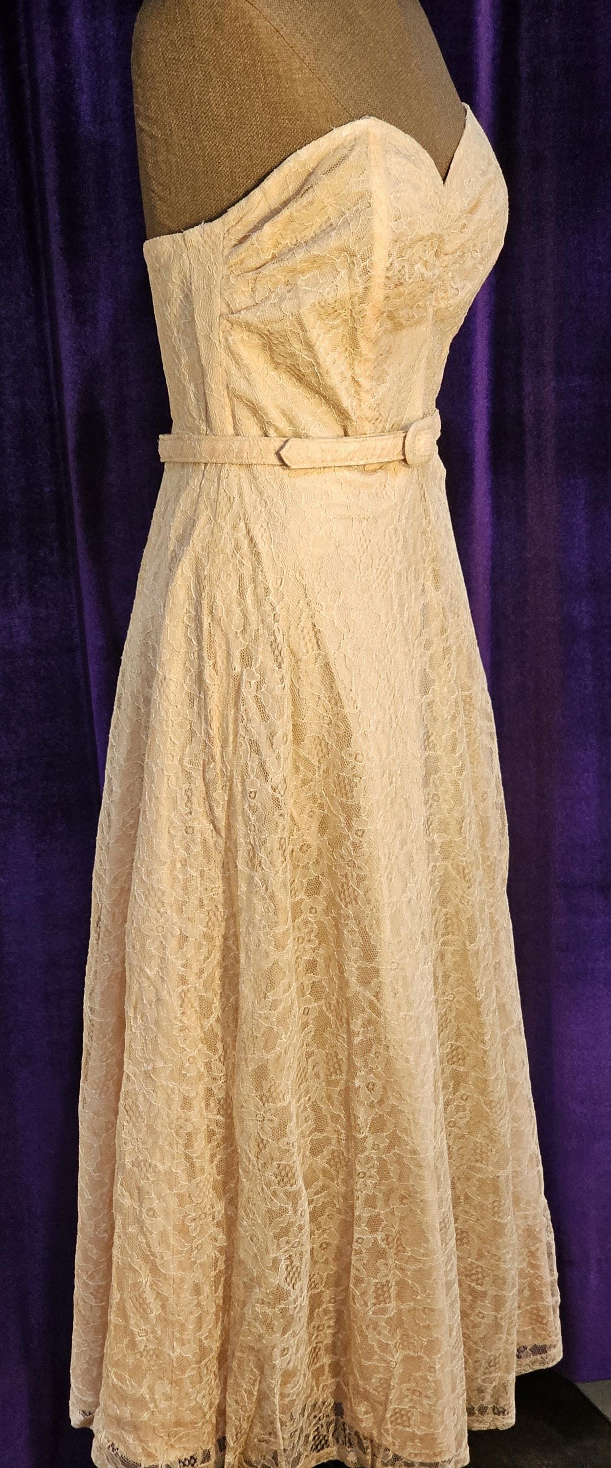 1950s Pale Beige Silk Overlay Strapless Cocktail Length Belted Dress, Fredley's