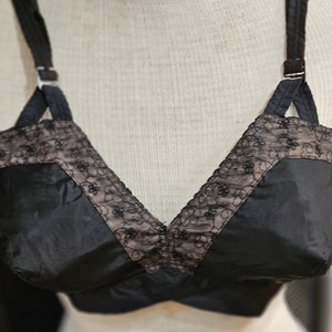 1950s Vintage Black Satin and Lace Cone / Bullet Bra, Lilyette, New Old Stock  Larger Size