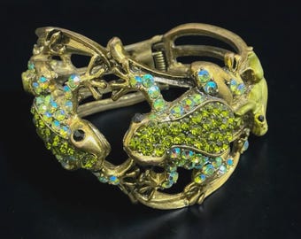 1950s Vintage Clamper Bracelet, Green and Aurora Borealis Crystal Frogs