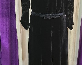 Larger Size - Vintage Black Silk Velvet Belted Dress with Matching Jacket, ca 1930s