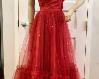 Vintage Red Satin and Gold Sequin Spattered Red Tulle Strapless Party Dress, ca 1950s