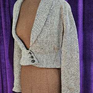 1940s Vintage Black & White Wool Blend Tweed Jacket with Buttoned Waist