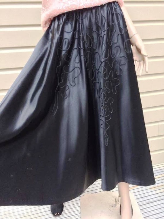 Vintage Black Silk Satin Circle Skirt with Soutach