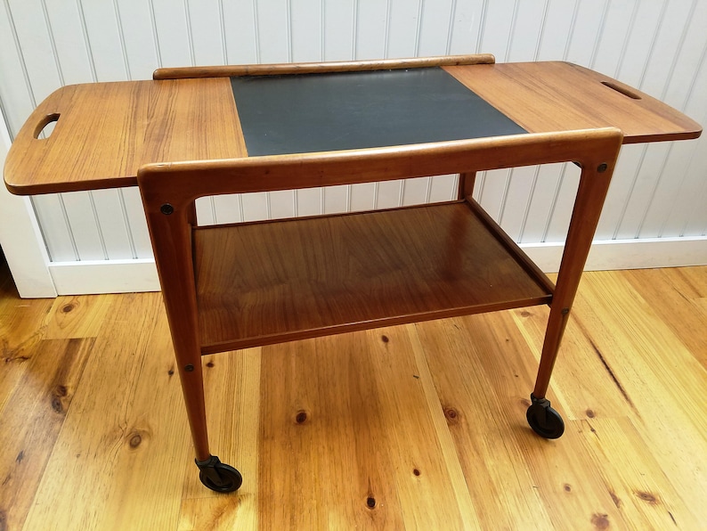 Mid Century Modern Era Rolling 2 Tier Solid Teak Wood Bar Cart With One