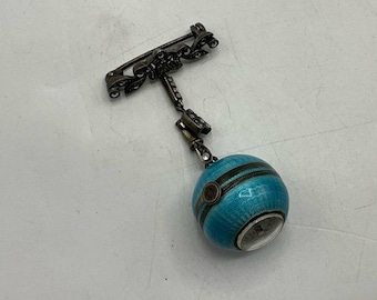 Vintage Lucerne Swiss 800 Silver Marcasite Brooch, Guilloche Enamel Ball Watch, Bucherer, 1920s-1930s
