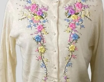 Vintage Ivory Cardign Sweater with Intricate Floral Needlework, ca 1950s