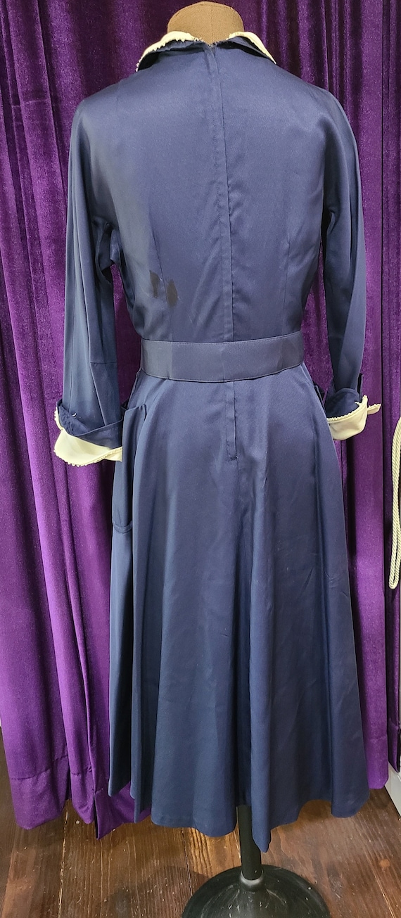 Late 1940s Navy Blue Rayon Taffeta Belted Dress w… - image 7