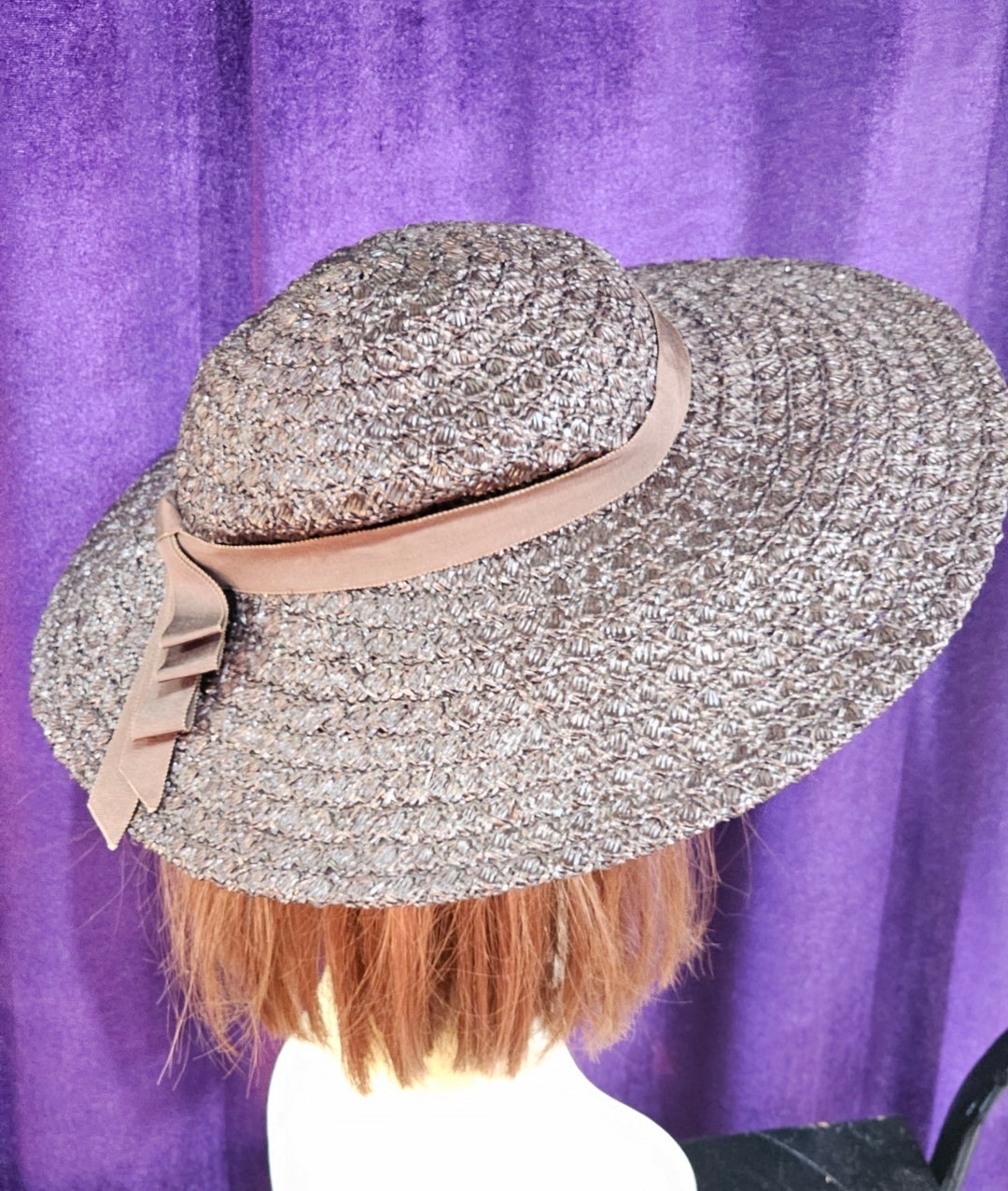 Vintage Chocolate Brown Woven Straw Picture Hat, Lord and  display picture 1