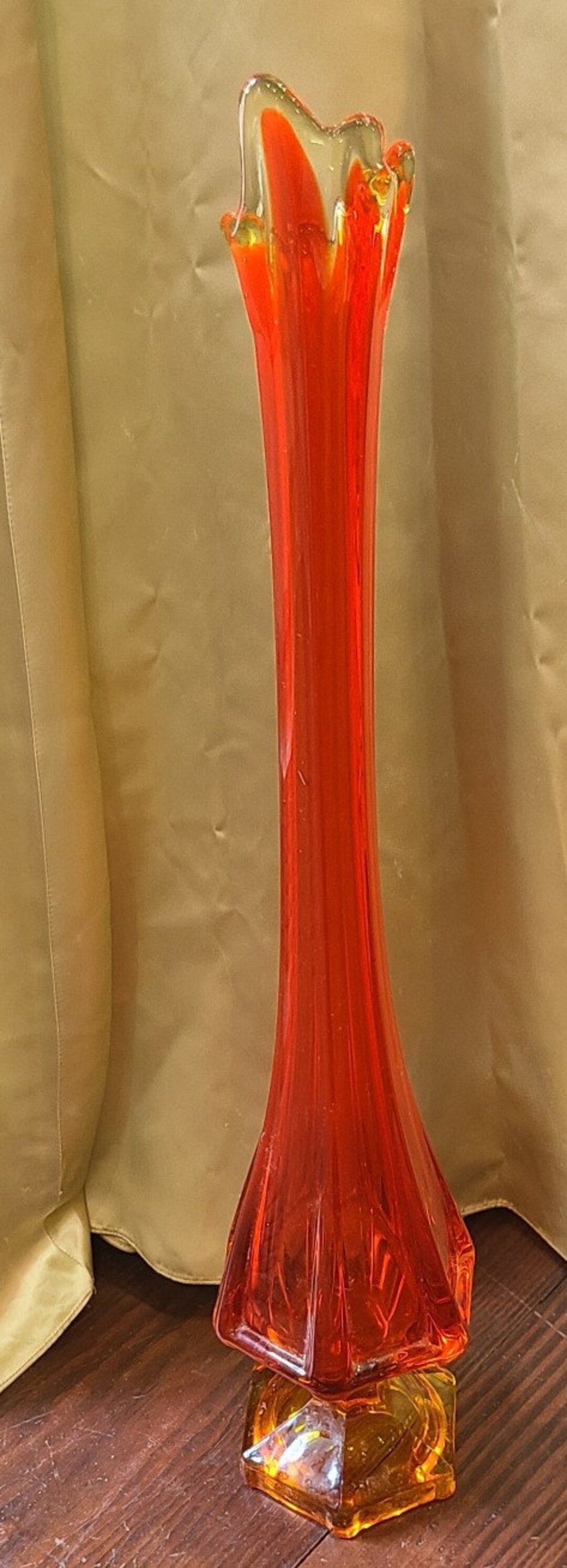 Monumental Orange Swung Vase With Orangey Amber 6 Sided Hexagon Base