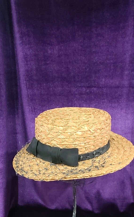 Vintage Natural Straw Hat with Grosgrain Band and… - image 2