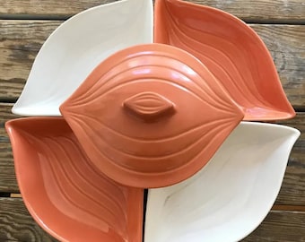 Mid Century Modern Era 7 piece Snack Set, Dusty Pink and White on Revolving Lazy Susan, California Pottery, USA34 ca 1950s