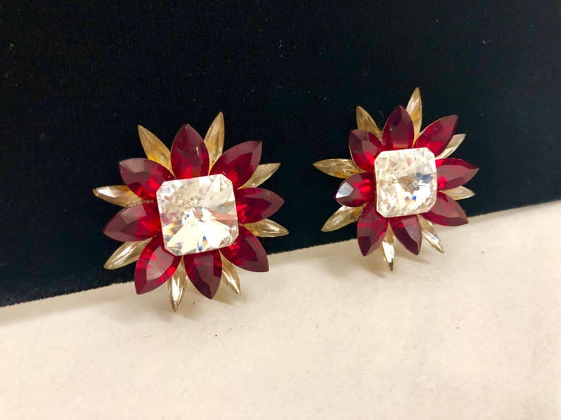 Large Vintage Clear Crystal Red Crystal and Brass Clip On Earrings ca 1950s