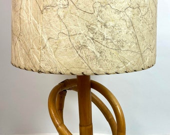 Mid Century Modern Era Russell Wright Style Bent Bamboo Table Lamp with Original 2 Tier Fiberglass ParchmentShade, ca 1950s